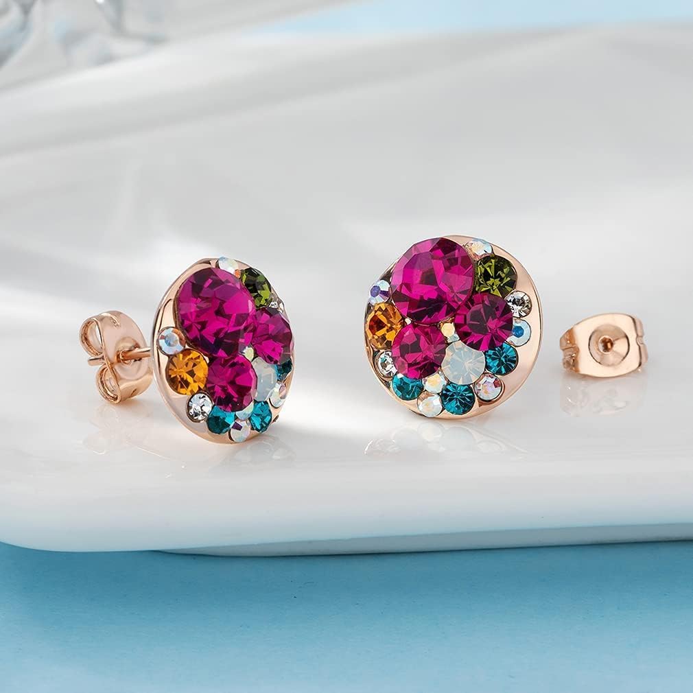 Multicolored Austrian Crystal Rhinestone Stud Earrings for Women Fashion S925 Sterling Silver Hypoallergenic Jewelry (Rose Main Crystal/Rose Gold-tone)