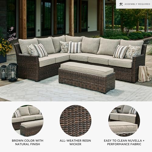 Signature Design by Ashley Brook Ranch Casual Nuvella Weather Resistant Fabric Right Hand Facing Outdoor Sofa Sectional/Bench with Cushion and 6 Throw Pillows, Set of 3, Beige & Dark Brown