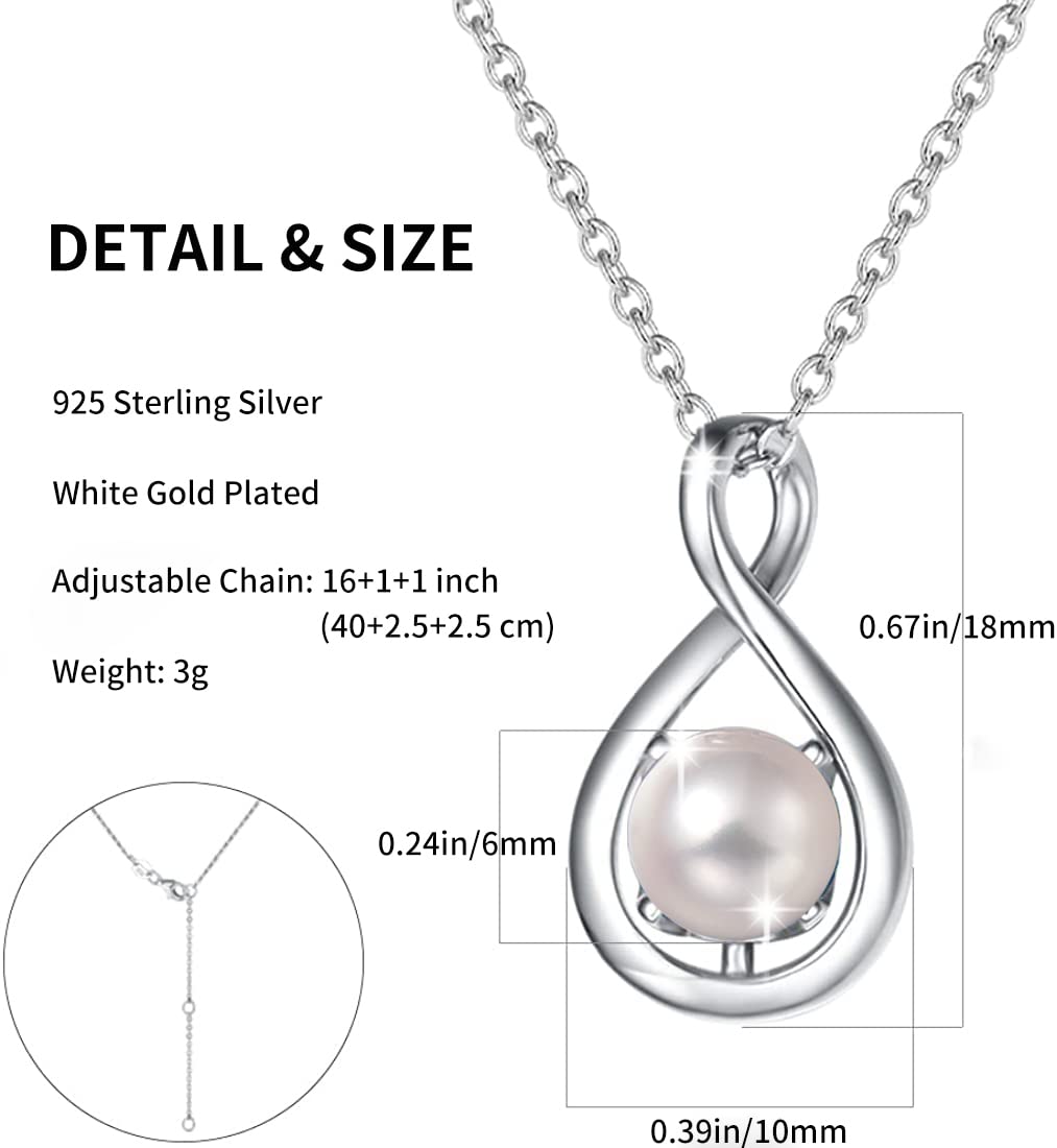 FANCIME White Pearl Necklace June Birthstone Necklace for Women, 925 Sterling Silver Dainty Infinity Pendant Fine Jewelry Birthday Mothers Day Gifts for Women Her Mom Daughter, 16+2 Inch