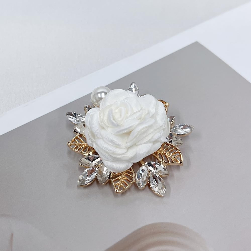 Elegant Rose Flower Brooch Pin for Women Men Wedding Party Gentleman's Essentials Handmade Imitation Crystal Pearl Fabric Flower Lapel Pin Dress Suit Accessories Boutonniere Ideas Gift (White)