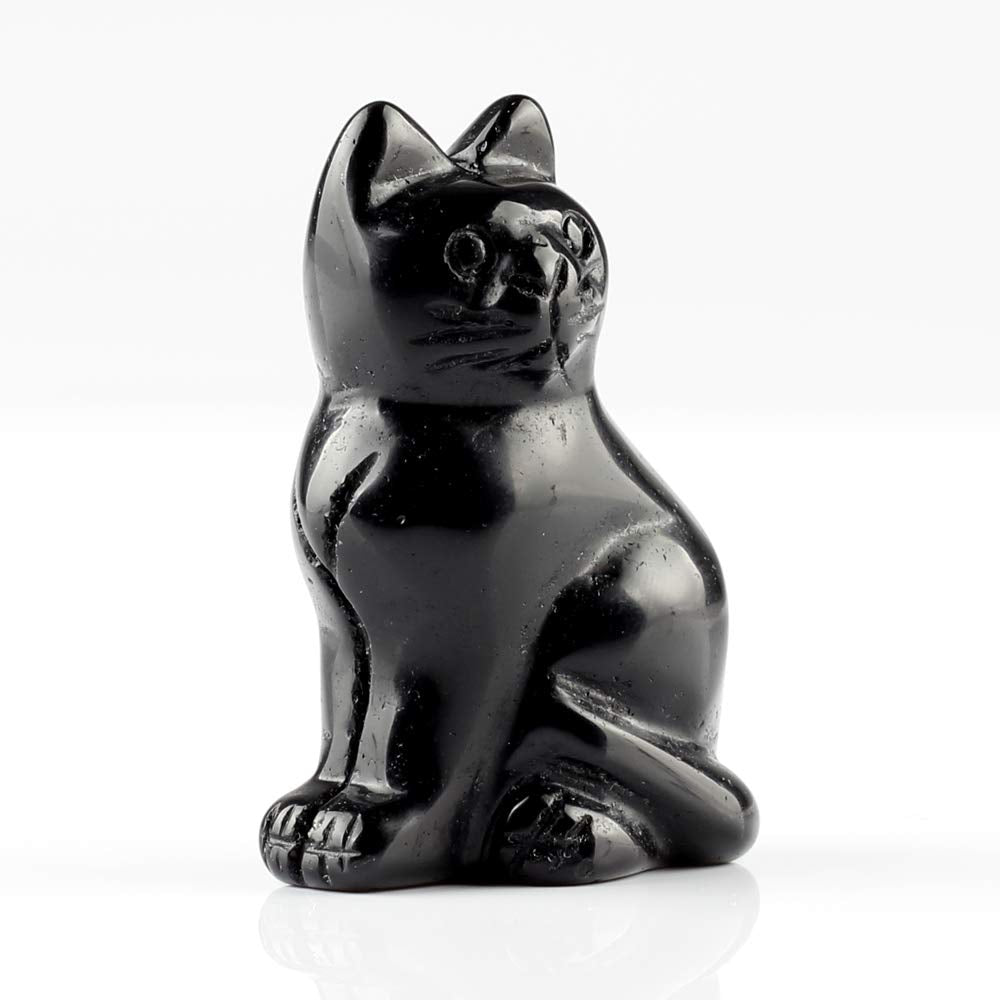 YWG Stone Black Obsidian 2.0inch Cat Large Statue Feng Shui Crafts Carved Figurine Chakra Carving Healing Reiki