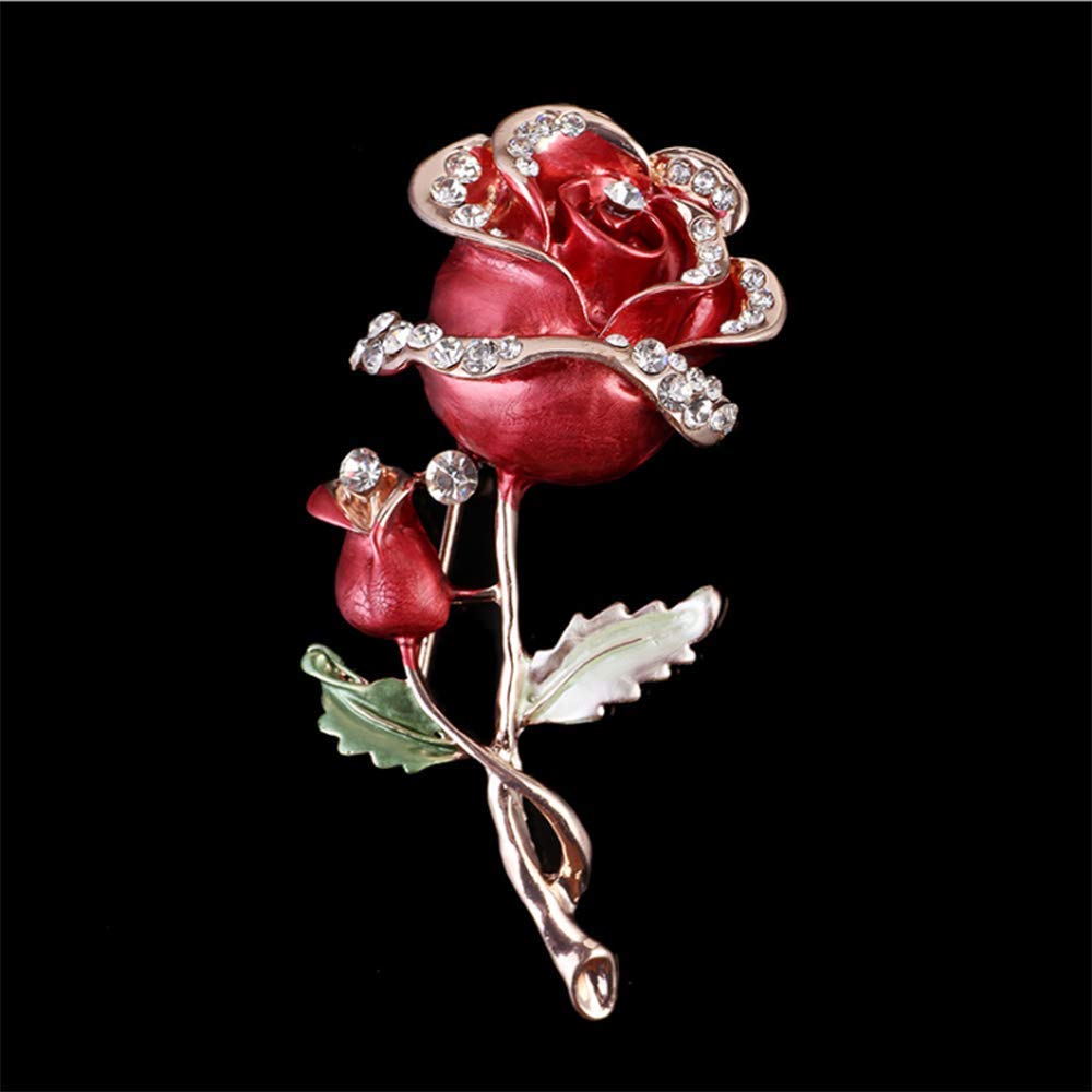 Enamel Crystal Red Rose Flower Brooch Pin Fashion Personality Floral Brooches Decorative Jacket pin Party Dance Wedding Banquet for Elegant Women Girl Jewelry Accessories(Red rose flower brooch)