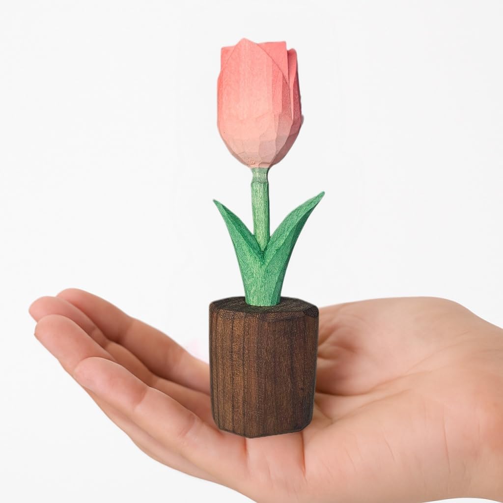 Handcrafted Wooden Tulip Figurine – Elegant Basswood Carved Sculpture, Unique Gift with Premium Gift Box, Ideal for Mother’s Day, Anniversary, Birthday, Home Office Décor (Pink)