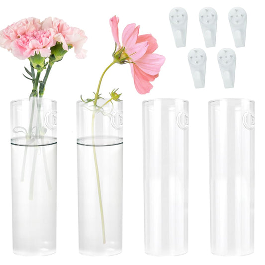 4 Pack Wall Hanging Glass Plant Holders with Hooks, Hanging Glass Vase Transparent Wall Mounted Propagation Station for Home Decor Dining Table, Cylinder Set