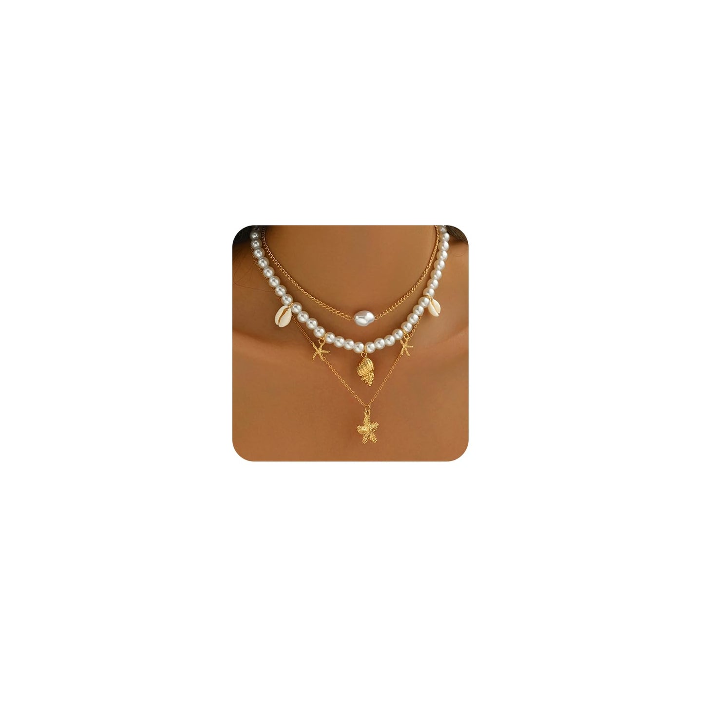 Starfish Necklace Gold Beach Jewelry for Women Pearl Seashell Necklace Cowrie Shell Beach Necklaces Ocean Summer Starfish Jewelry (1-3 layer)