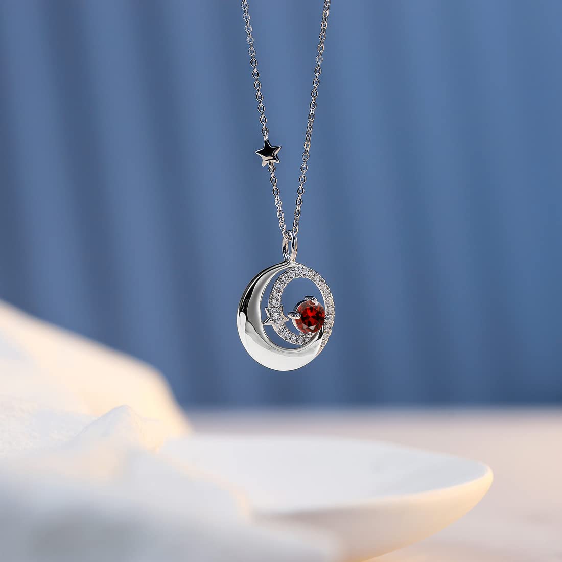 FANCIME Garnet January Birthstone Necklace for Women 925 Sterling Silver Moon Star Pendant Necklaces Red Gemstone Fine Jewelry Birthday Mothers Day Gifts for Women Mom Daughter