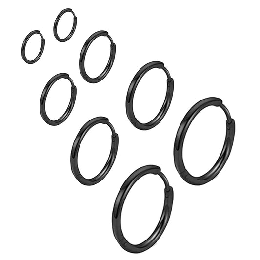 316L Surgical Stainless Steel Huggie Hoop Earrings 6mm 8mm 10mm 12mm Black Hypoallergenic Earrings Hoop Cartilage Helix Lobes Hinged Sleeper Hoop Earrings For Men Women