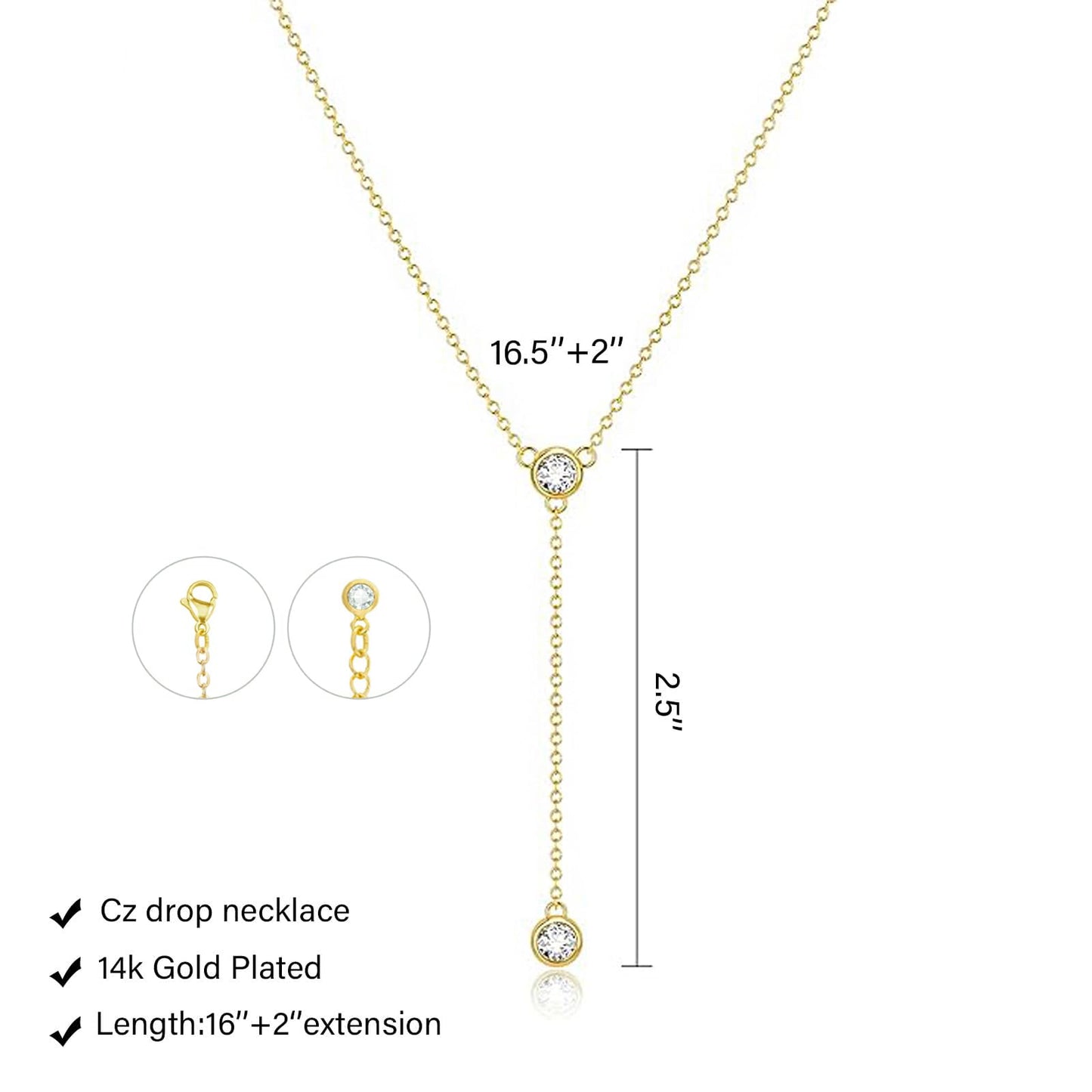 LULII Gold Necklace for Women Trendy Dainty 14K Gold Plated Long Drop Necklaces Lariat CZ Pendant Necklace Simple Jewelry for Women Gifts