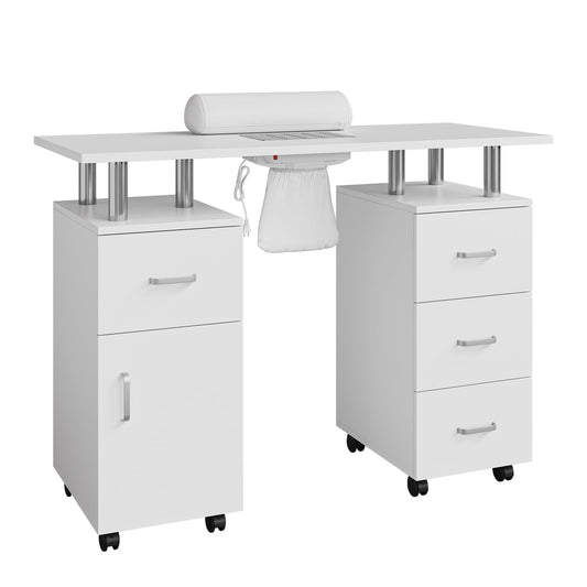 CuisinSmart White Manicure Table with Dust Collector, 42" Nail Desk for Nail Tech with Lockable Wheels, 4 Storage Drawers, Arm Rest, Acetone Resistant Top and Storage Cabinet