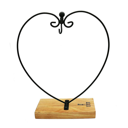 Ornament Display Stand Metal Shelf Brackets Iron Pothook Stand for Hanging Glass Terrarium/Picture (Heart-Shaped Wood Base, Black)