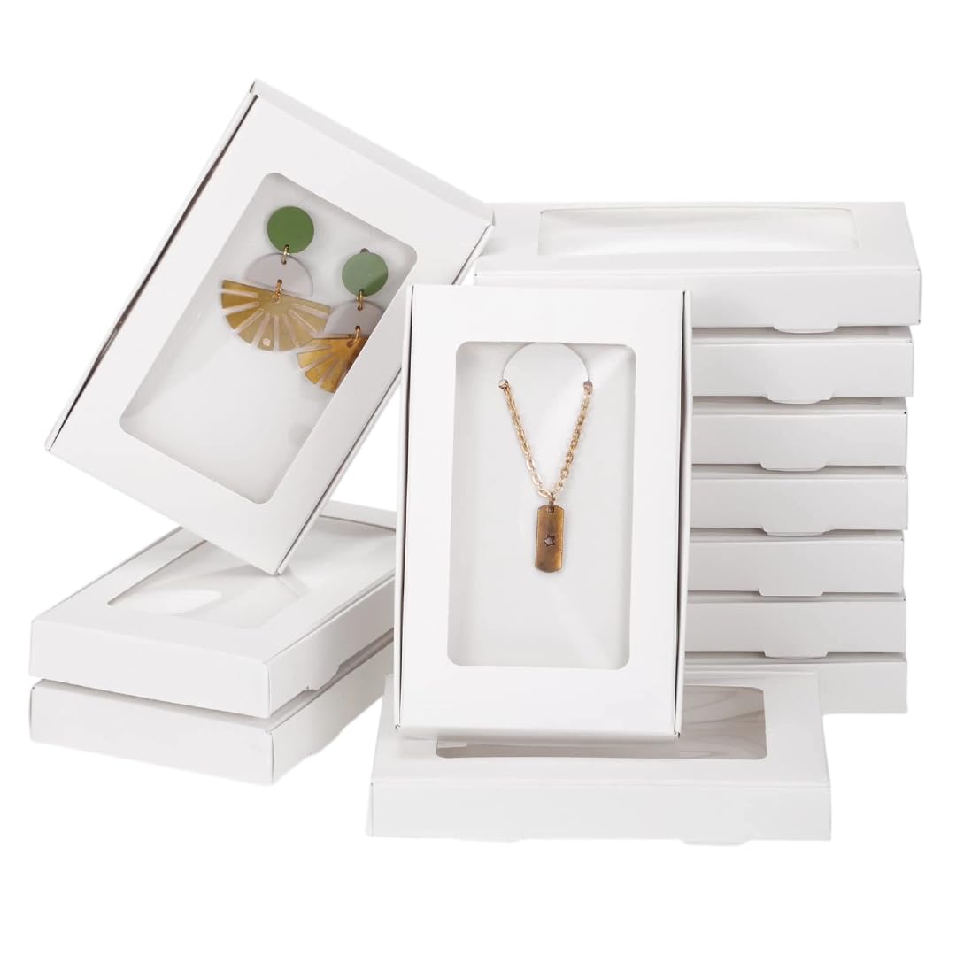 Ntwoiee 30 Pcs Small Jewelry Gift Boxs 5.4"x3.4"x0.7" Paper Necklace Box Bulk with Clear Window 30 Display Card 36 Sticker for Displaying Necklaces Rings Bracelets Earrings(White)