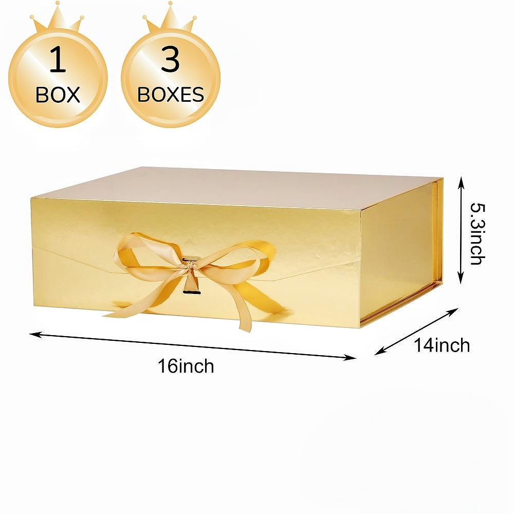 GoooodGift Extra Large Gift Box Gold 1 Pack 16x13.5x5.3 inch Luxury Gift Box for Presents with Magnetic Closure Lid Collapsible,Birthday,Christmas,Wedding,Contains Shredded Paper Filler