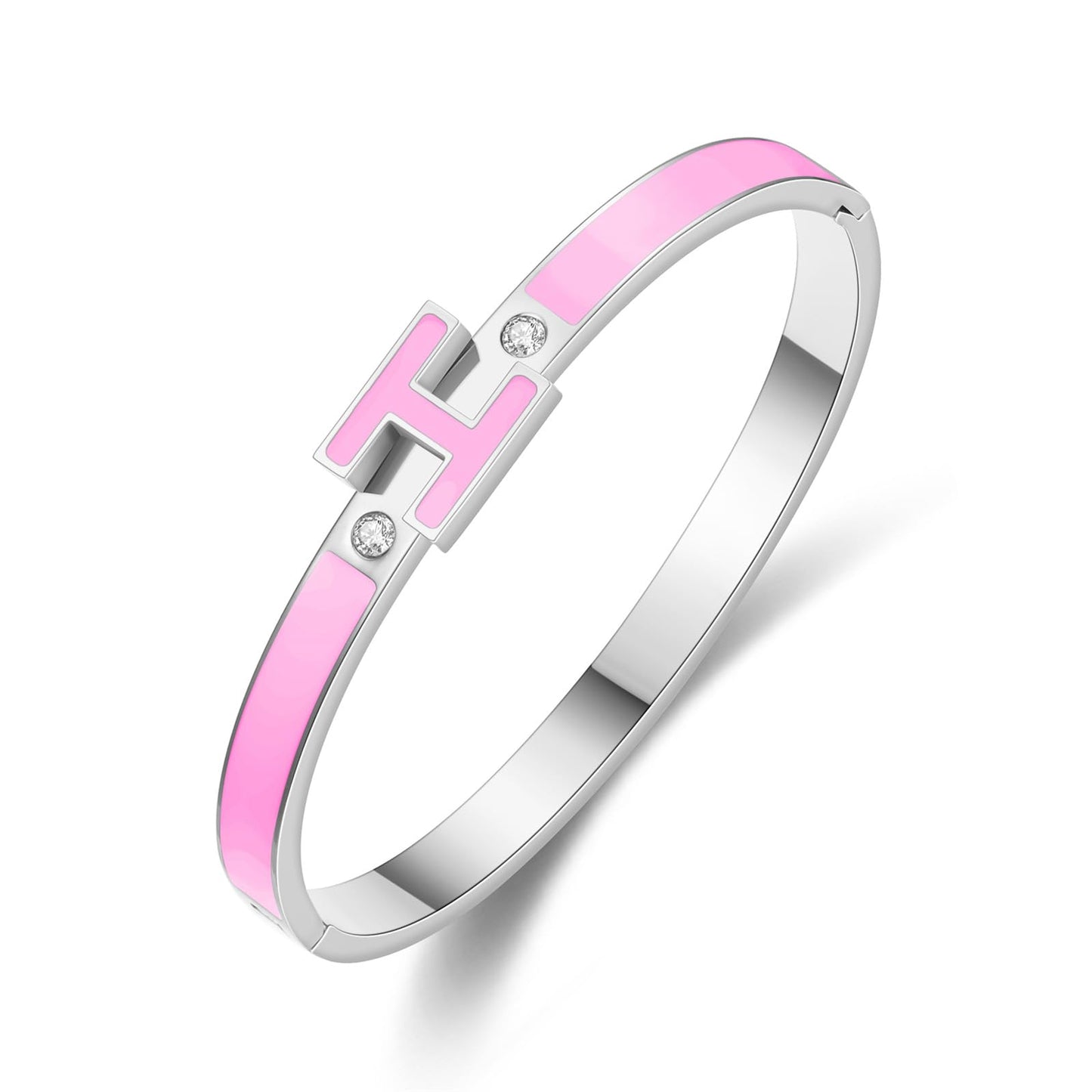 Hothink Gold Bracelets for Women, H Bangle Bracelet, Dainty 18K Gold Plated Stainless Steel Enamel Bracelet for Everyday, Work, Party, Stackable Gift for Mom, Wife, Girlfriend (Silver-Pink)