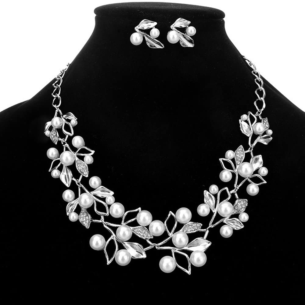 tenghong2021 Fashion Classic Faux Pearl Jewelry Set Necklace Bracelet Earrings for Women Best Gift (White leaf)