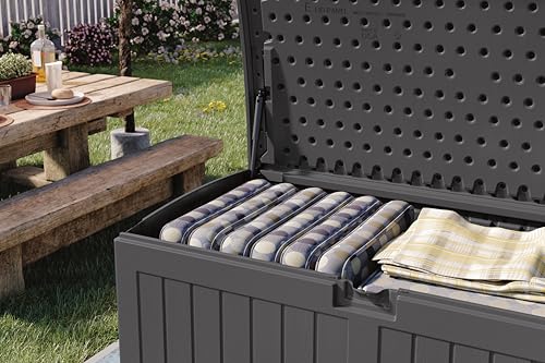 Suncast Extra Large 200 Gallon Deck Box - Resin Outdoor Storage Box for Patio Cushions, Outside Toys, Garden Tools & Pool Supplies, Weatherproof Lockable Outdoor Storage Bin, Peppercorn