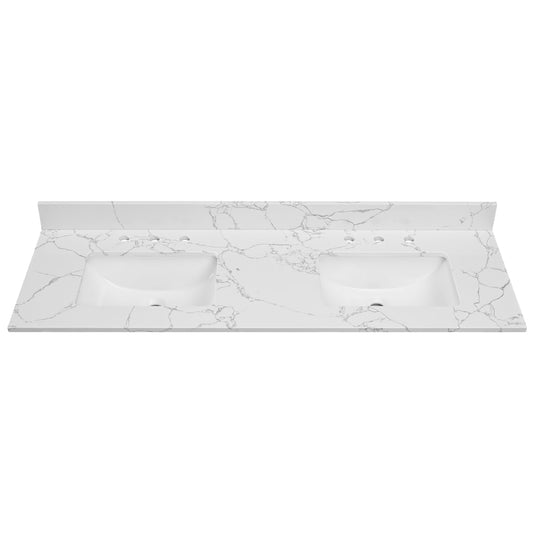 EQLOO 60 Inch Engineered Stone Bathroom Vanity Sink Top, with Undermount Rectangular Double Sinks, Vanity Countertop with 8 inch Faucet Hole Spacing and Backsplash in Lightning White
