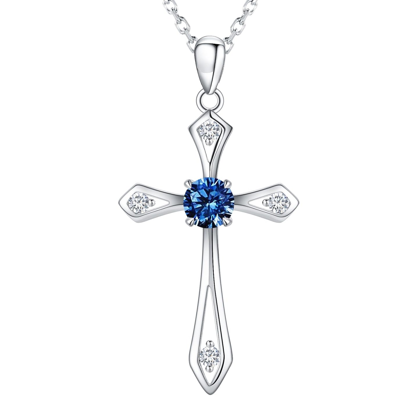 QUALISE Cross Necklace for Women,925 Sterling Silver September Birthstone Necklace Cross Pendant 5A CZ 12 Birth Months Birthstone Sapphire Jewelry Birthday Gifts for Her Wife Mom
