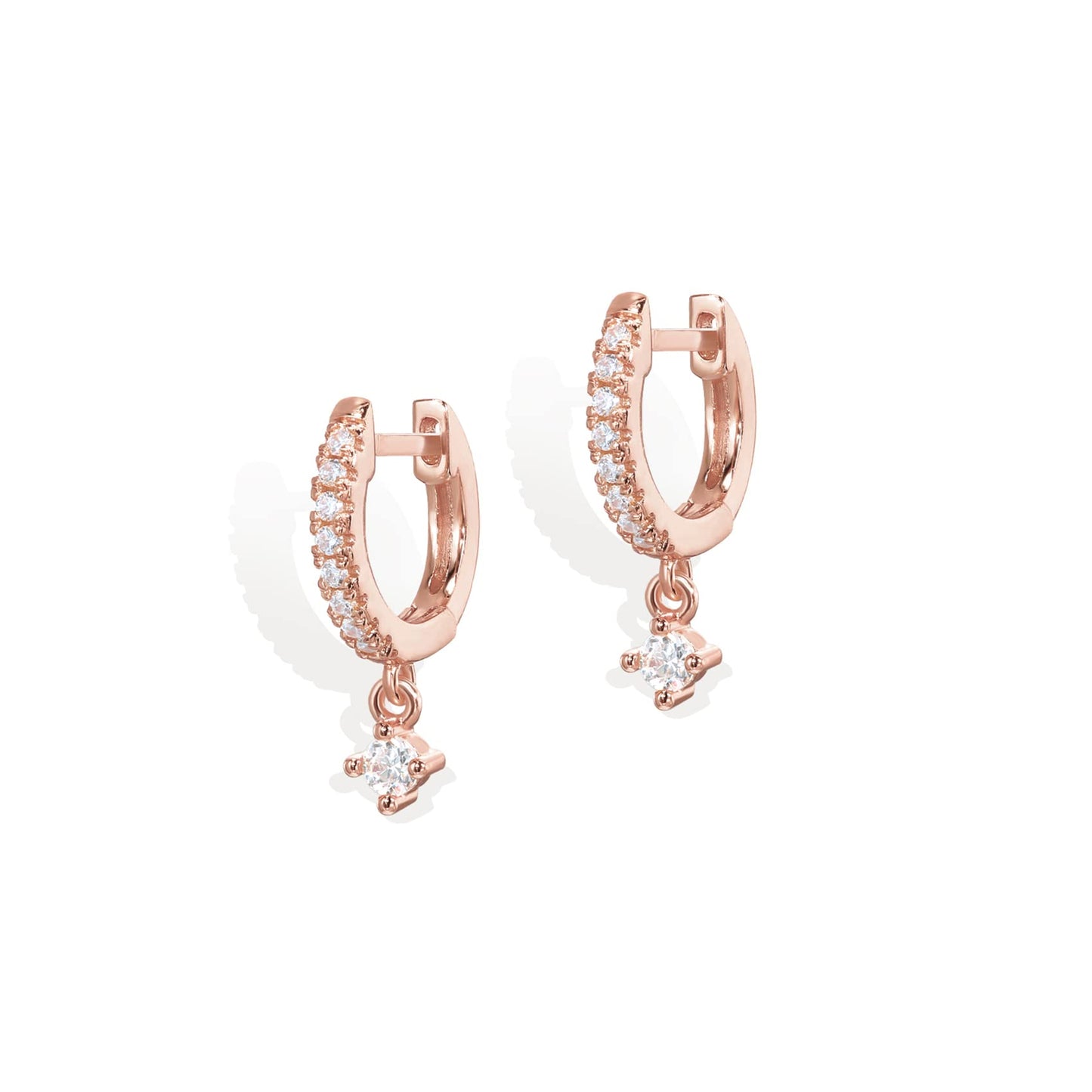 PAVOI 14K Rose Gold Plated 925 Sterling Silver Post Trendy Cubic Zirconia Round Dangle Huggie Earrings for Women - Small Gold Hinged Huggie Hoop Earrings