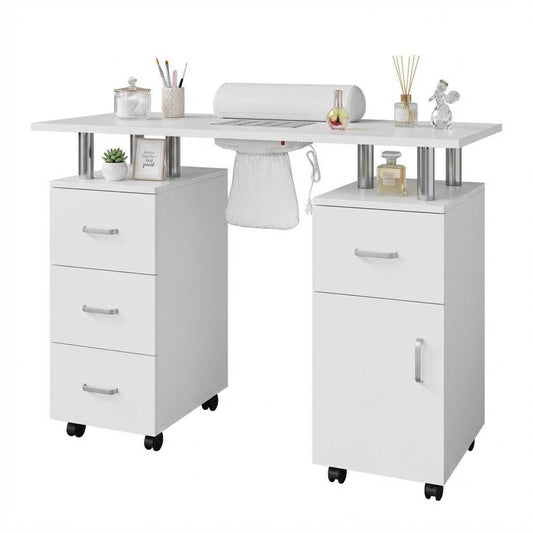 Manicure Table, Nail Desk Station for Nail Tech with Electric Downdraft Vent & Locking Castors & Wrist Cushion, Manicure Desk with 4 Drawers & 1Cabinet Manicure Table for Spa Beauty Salon, White
