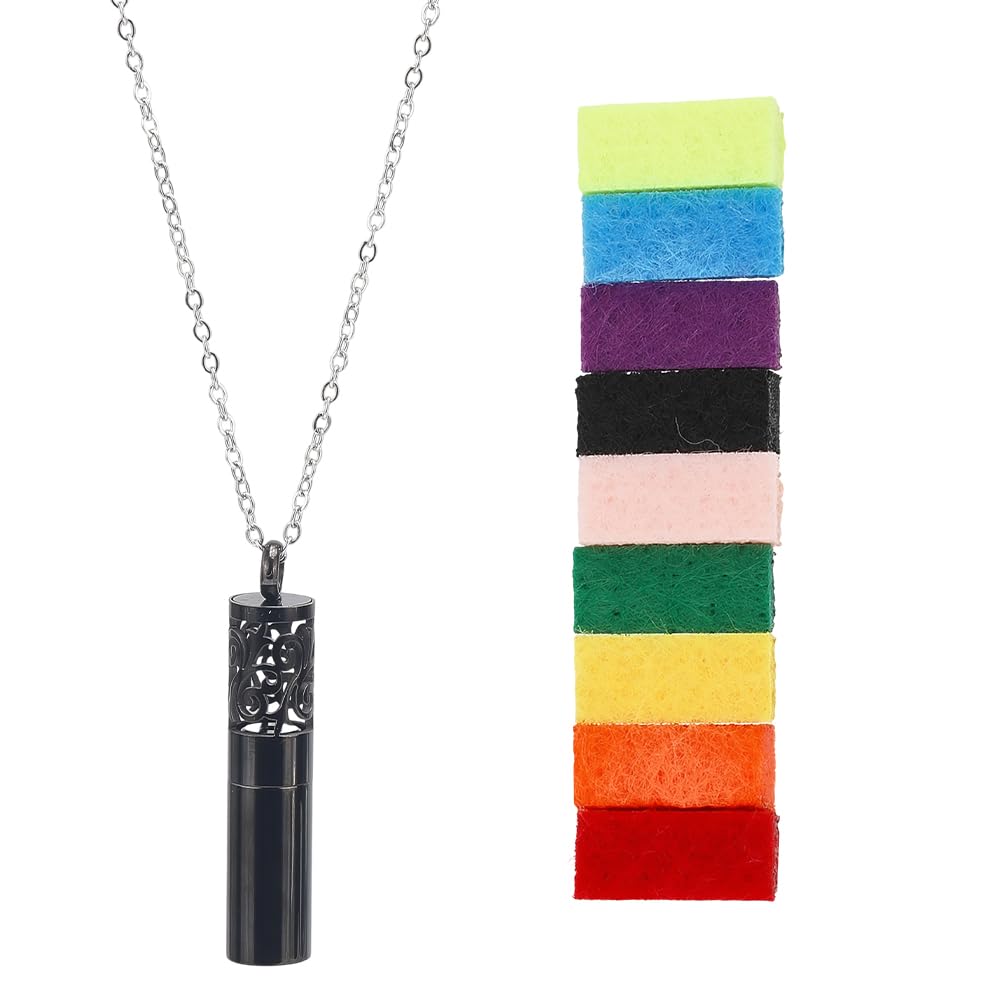 SUNNYCLUE 1 Box 1Pc Aromatherapy Necklace Essential Oil Necklace with 10Pcs Refill Pads Black 304 Stainless Steel Hollow Cloud Bottle Locket Pendant Diffuser Jewelry for Women Men Adults Gifts