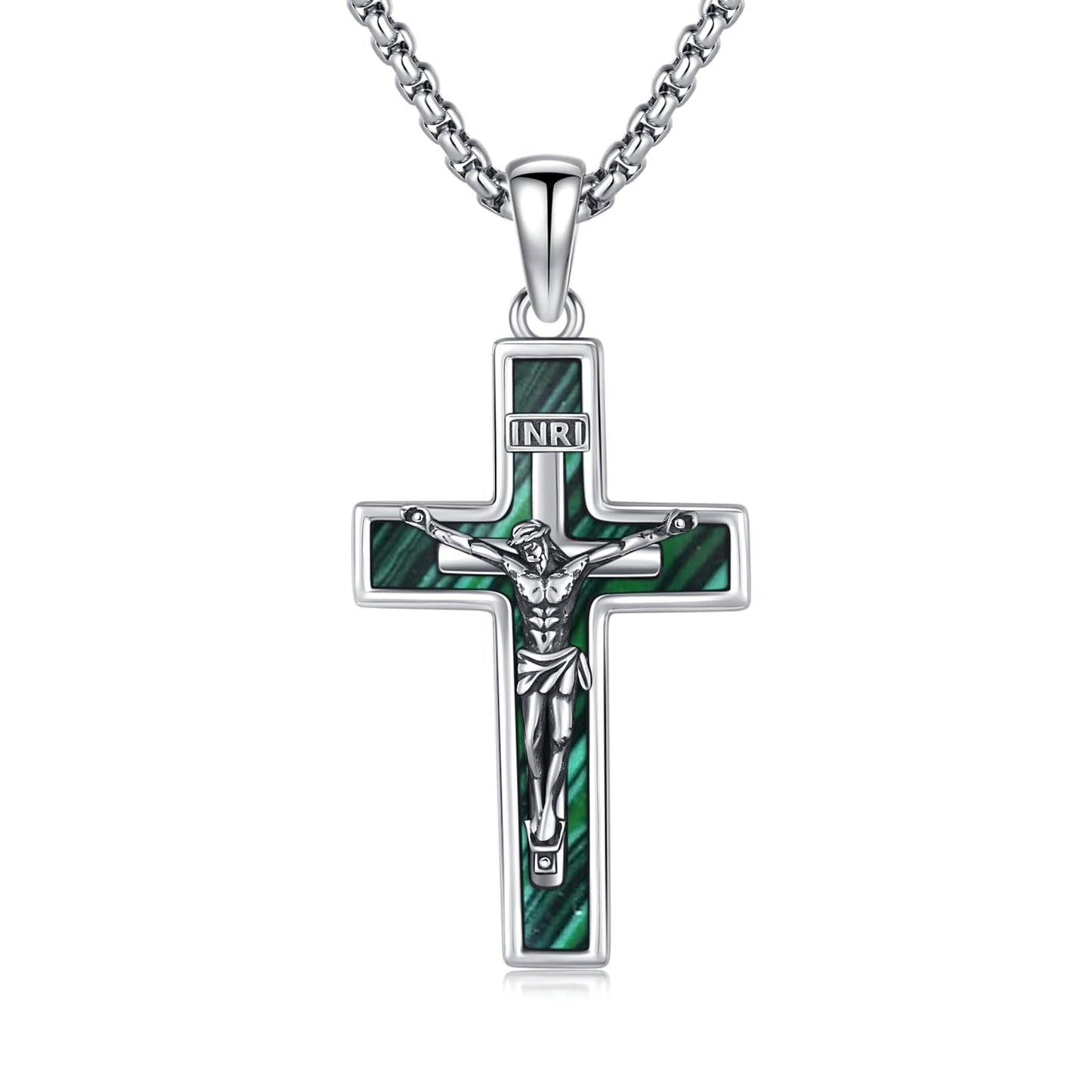 YEESIA Cross Necklace for Women Men 925 Sterling Silver Jesus Crucifix Pendant Necklace with Malachite Cross Jewelry Gift for Women Men