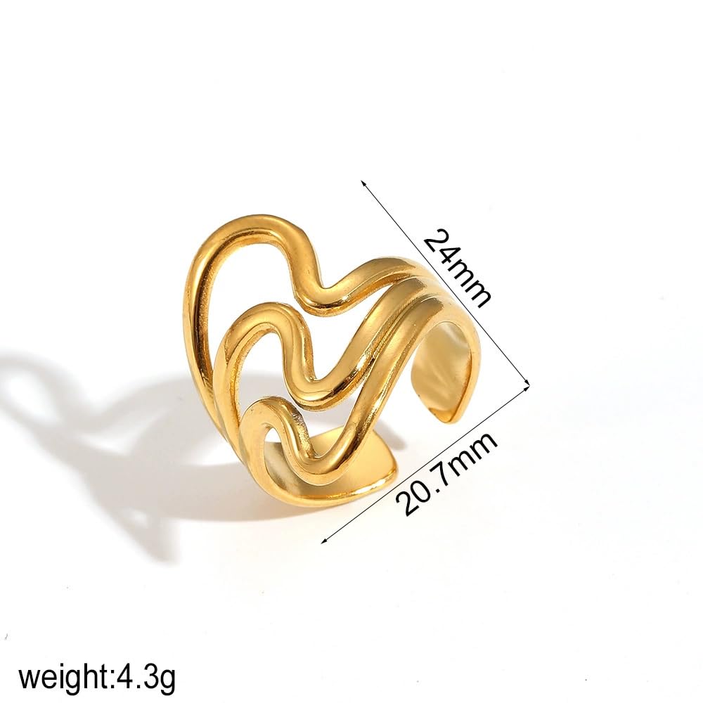 AIETUE Chunky Rings For Women, Gold Silver Thumb Ring Asymmetrical Wavy Curve Ring Adjustable Non Tarnish Dainty Stainless Steel New Year Anniversary Birthday Jewelry Gift (Trendy Gold #2)