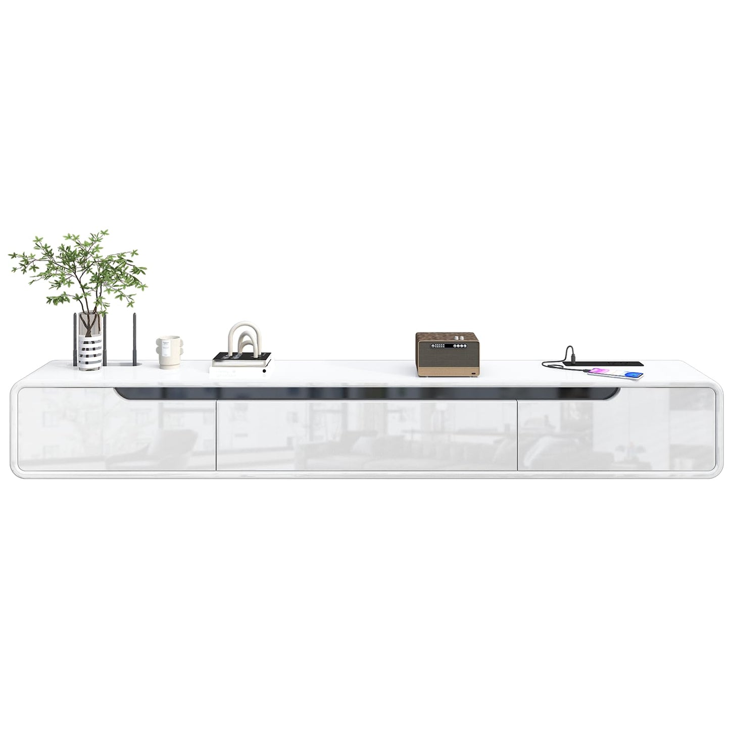 Fully Assembled 71inch High Gloss Floating TV Stand No Assembly with Fast Charging USB Wall Mounted TV Cabinet Piano Lacquer TV Cabinet with 3 Doors Easy To Clean For Living Room Bedroom (White)