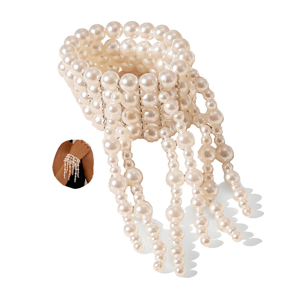 Sither Layerd Pearls Bracelet for Women Boho Large Pearls Stretch Bracelet Jewelry Set for Halloween Christmas Gift