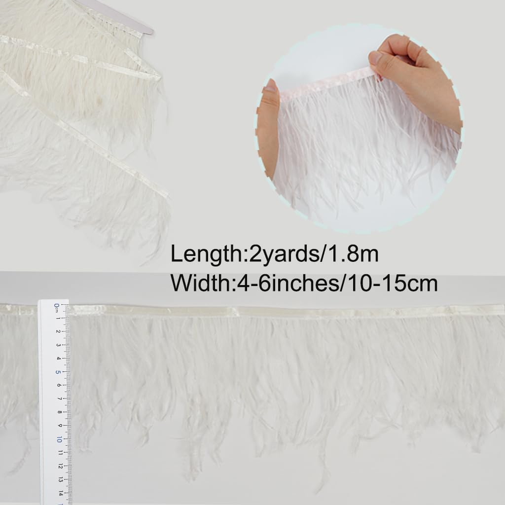 White 2Yard Ostrich Feather Fringe Trim 4-6inch in Width for DIY Costume Sewing Craft Decor Dress Accessories Party Supplies Festival Outfits