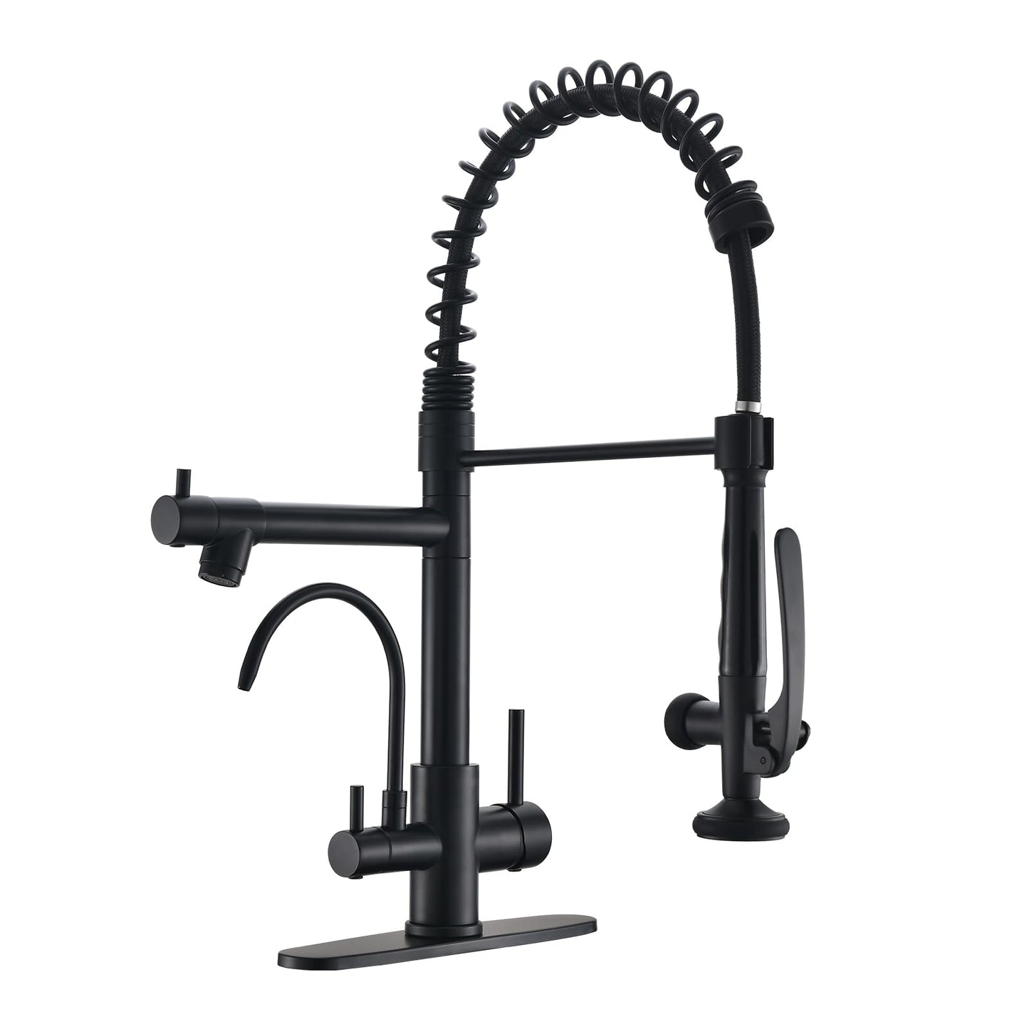 Fapully Commercial Kitchen Faucet with Pull Down Sprayer and Water Filter, Matte Black 3 in 1 Kitchen Faucets with Drinking Water Faucet