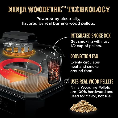 Ninja | Grill & Smoker | Outdoor Woodfire Pro XL | 4 in 1 Grill, BBQ Smoker, Air Fryer & Bake | Portable | Includes Built in Thermometer & 2 Woodfire Pellet Packs | Dark Grey | OG850