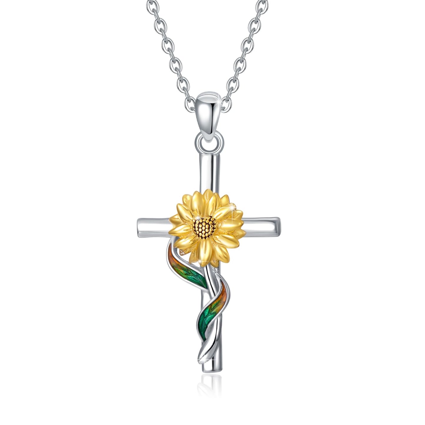 Silikepa Sunflower Necklace for Women 925 Sterling Silver Sunflower Cross Pendant Necklace Christian Jewelry Gift for Women