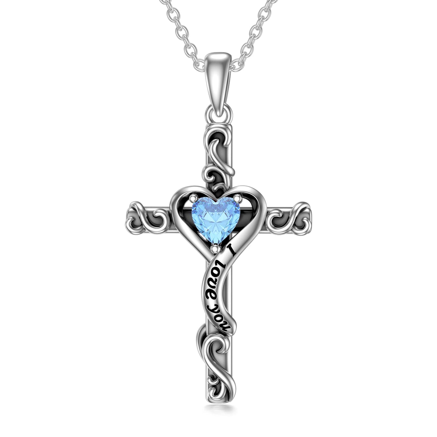 TOUPOP Aquamarine Cross Necklace for Women Sterling Silver March Birthstone Cross Pendant Necklace Heart Love Jewelry for Her Girlfriend Wife Mom Anniversary Birthday Mothers Day Gifts