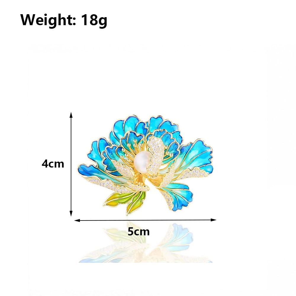 Dainty Flower Brooch Pins for Women Graceful Cubic Zircon Peony Pearl Enamel Badges Lapel Pins Trendy Banquet Prom Dress Jewelry Accessories Gift (Blue)