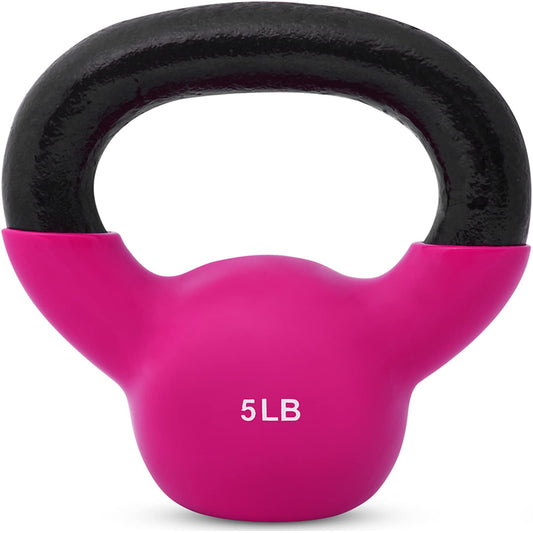JFIT Vinyl-Coated Cast Iron Kettlebell Weight – Flat Bottom Kettlebell for Strength Training, Cross Training & Home Gym Workouts, 5LB-Hot Pink
