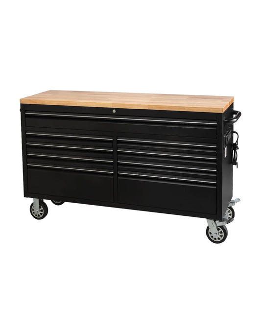 61-Inch Heavy-Duty Rolling Tool Chest & Mobile Workbench with 9 Drawers, Rubber Wood Top, Locking System, Wheels for Garage, Workshop, Warehouse Storage, Tool Cabinet