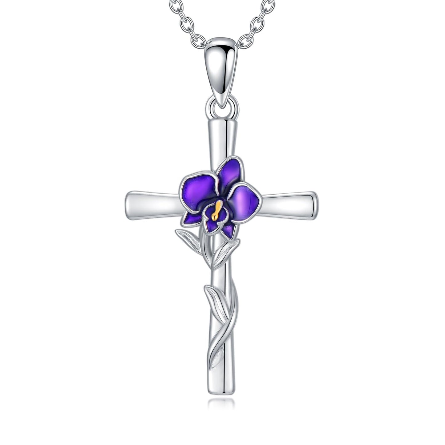 Cargari Orchid Cross Necklace for Women 925 Sterling Silver Birth Flower Cross Pendant Orchid Necklace Jewelry Floral Gifts for Women
