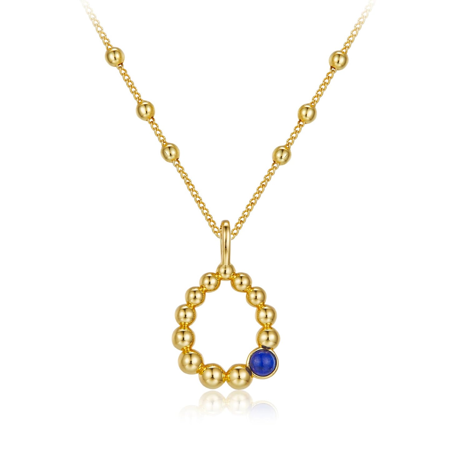 NUZON 18K Gold Plated Hollow Teardrop Pendant Necklace for Women Lapis Lazuli Gemstone Water Drop Charm Gold Beaded Chain Minimalist Jewelry for Her 18’’