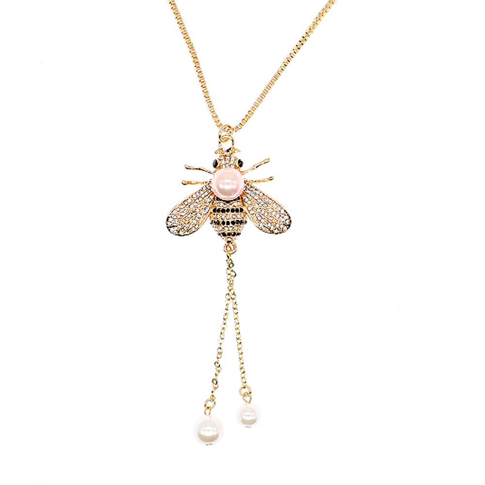 Honey Bee Necklace Crystal Insect Themed Bee Necklace Animal Fashion Shell Pearl Long Necklaces Gold Tone for Women Jewelry(Pink pearl nceklace)