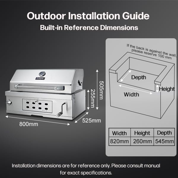 Large Built-In Charcoal BBQ Grill, Charcoal Grills with Liftable Tray, Insulated Hood & Temperature Gauge, Heavy-Duty Stainless Steel Barbecue Grill for Outdoor Kitchen, Family Parties, and Camping