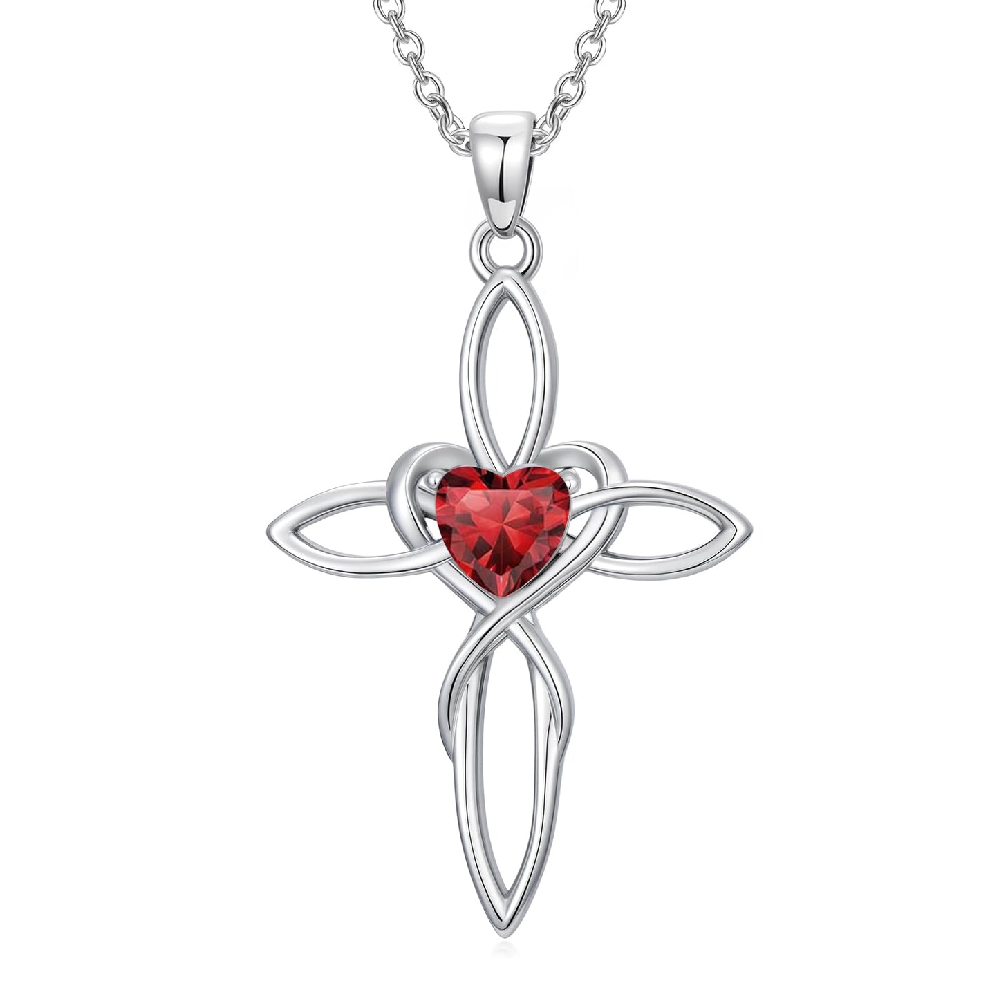 POIUY Celtic Knot Cross Birthstone Necklace for Women Irish Infinity Heart Pendant Cross Jewelry Baptism Faith Anniversary Valentines Birthday Mothers Day Gifts for Mom Wife Her