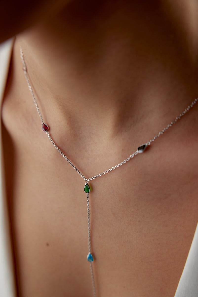 joy-d Colorful Gemstone Lariat Necklace for Women – Elegant Y Necklace with Teardrop Charms. Gold Plated Desginer Necklace - Gift for Her (Silver)