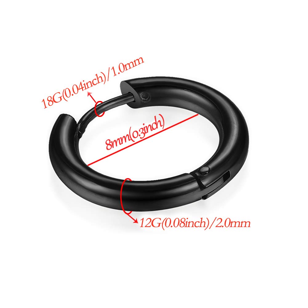 316L Surgical Stainless Steel Huggie Hoop Earrings 8mm Black Hypoallergenic Earrings Hoop Cartilage Helix Lobes Hinged Sleeper Earrings For Men Women(B03: 8mm Black(THK 2.0mm))