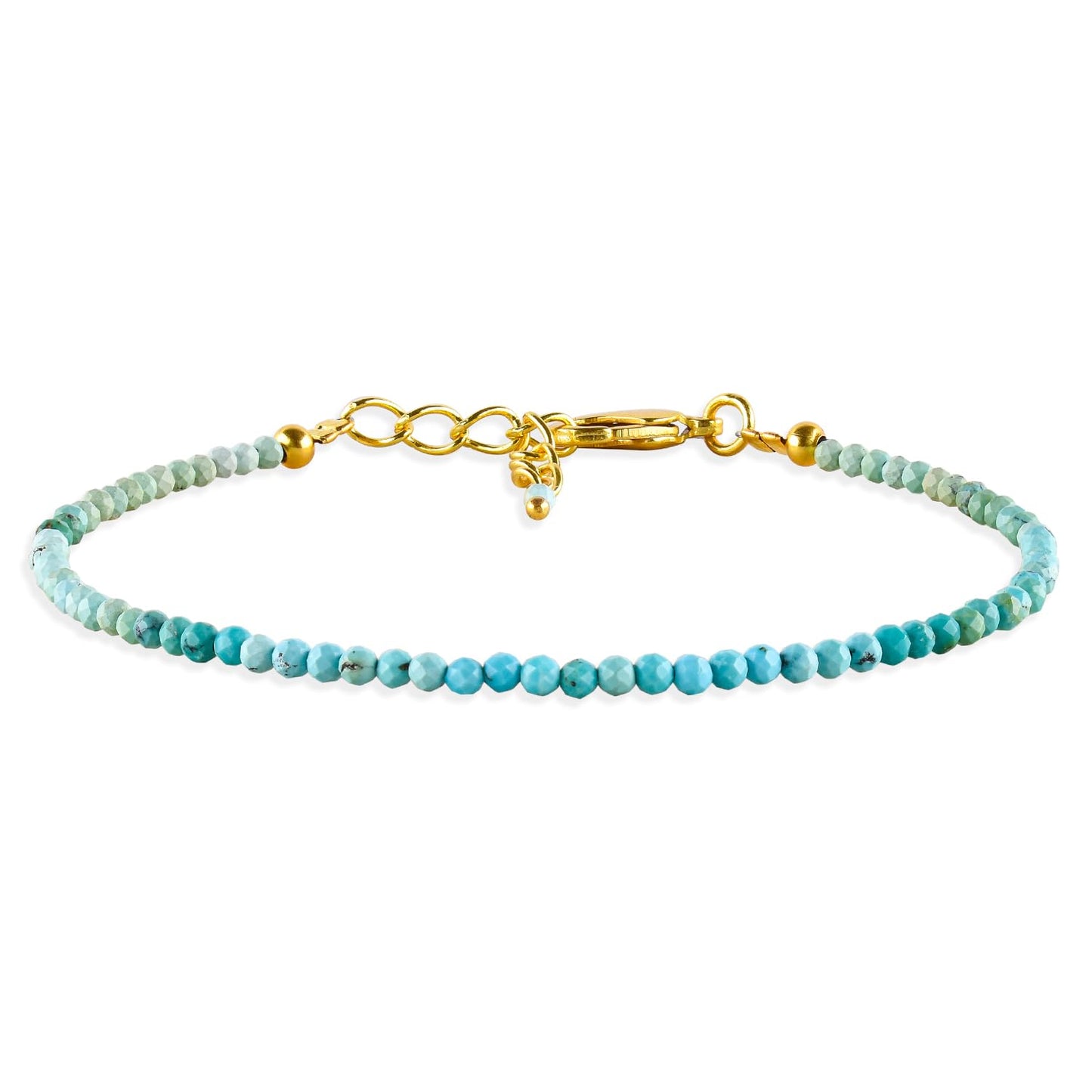 Natural Blue Turquoise Gemstone Micro Beads Dainty Bracelet Jewelry for Women, December Birthstone, Chakra Energy Crystals, 14k Gold Plated Chain 8 inch Adjustable