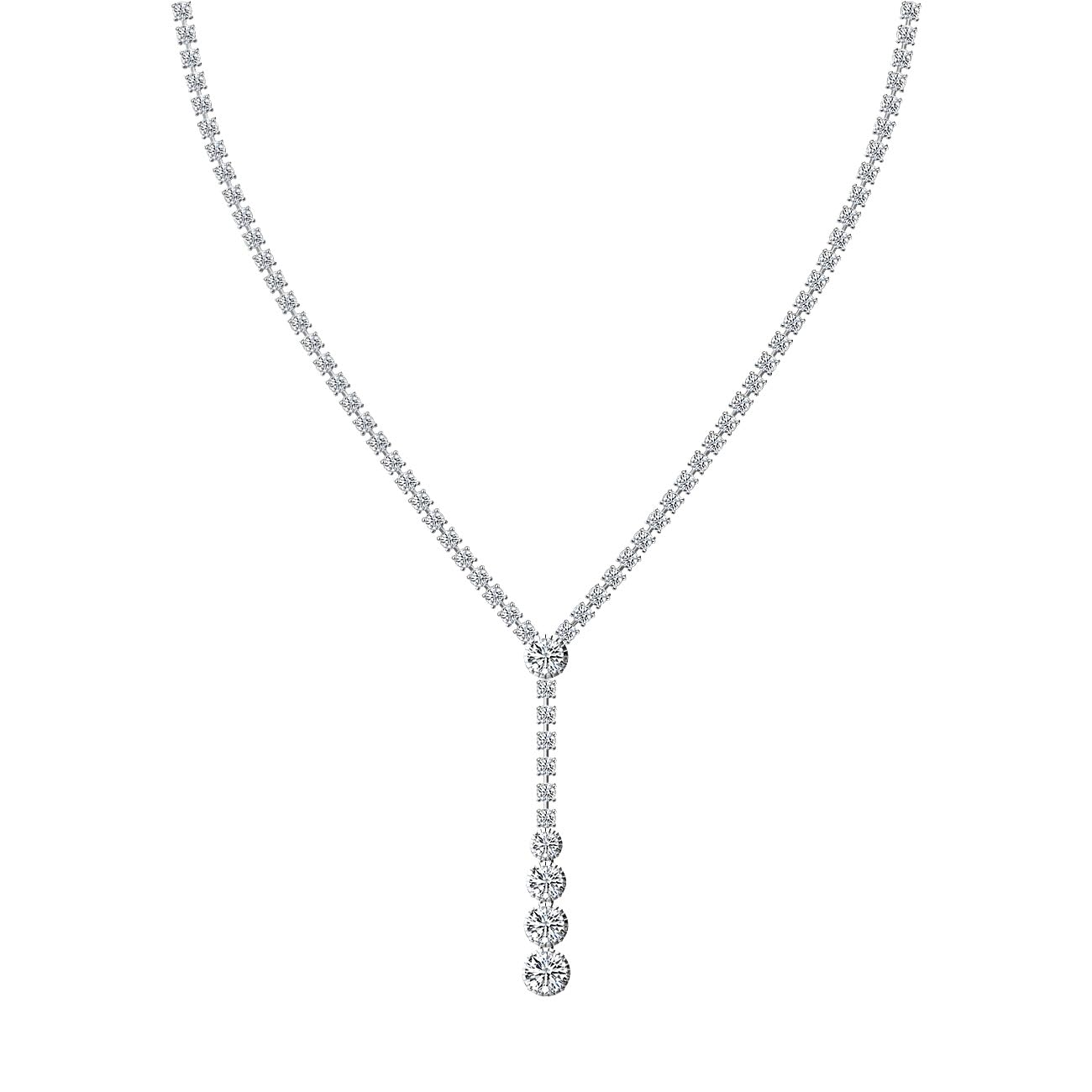 Moissanite Tennis Necklace-for-Women-Wedding-Prom-Jewelry: Lariat 18K White Gold Plated 925 Sterling Silver Rhinestone Simulated Diamond Pendant Long Chain Y Necklaces - Crystal Bridal Gifts