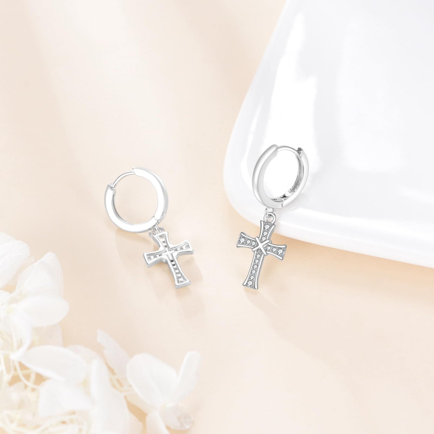 925 Sterling Silver Cross Hoop Earrings Dangle Drop Earrings Huggie Jewelry Birthday Gifts for Women (Cross Cubic Zirconia)