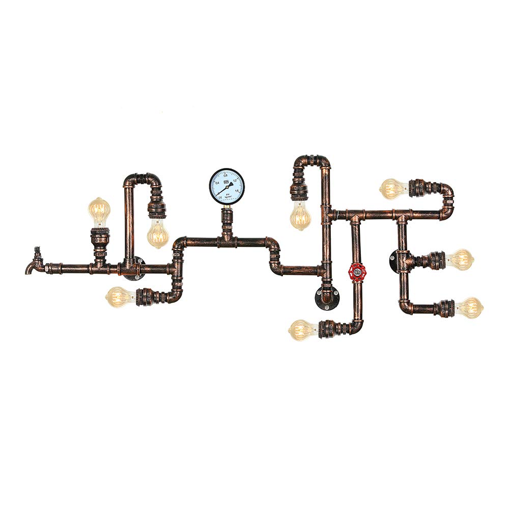 LITFAD Industrial Wall Sconce Vintage 47" Multi Lights Farmhouse Wall Light with 8 Lights and Water Pipe Bar Style Antique Wall Lamp for Living Room, Hallway, Restaurant