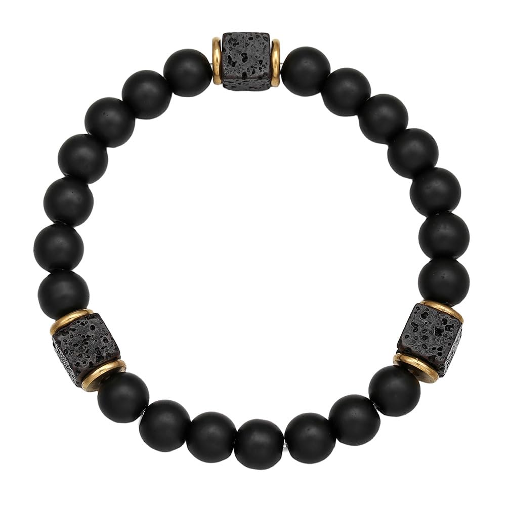 B-JWYFY Elastic Adjustable Mens Bracelet - 8mm Black Onyx & Lava Stone Beads Bracelets Jewelry Gift for Men, Beads Charm Bracelet with Elastic Cord, Birthday Gifts for Him Dad Husband