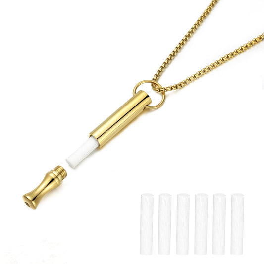 hooppoo Breathing Necklace for Calm & Focus - Personal Essential Oil Diffuser for Anxiety Relief, Quit Smoking, Yoga and Meditation - Reusable Stainless Steel Pendant for Women Men (Gold)