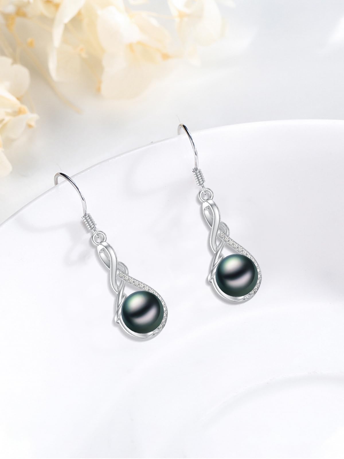 KANNSOAR 925 Sterling Silver 7MM Tahitian Black Pearl Dangle Drop Earrings, 18K White Gold Plated, Everyday Infinity Earrings for Women Hypoallergenic Jewelry Gift for Anniversary Birthday Christmas
